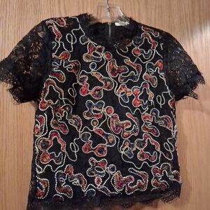 Womens Zara Trafaluc Lace Blouse Black Semi Sheer Short Sleeve Embroidery Artsy